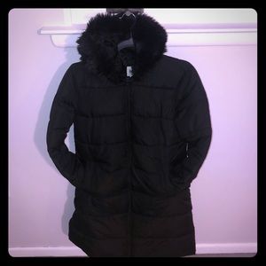 Midi Parka Down Coat with Black Faux Fur Hood